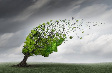 Abstrakter Baum, dessen Krone zum Gesicht geformt ist, das sich im Sturm beugt und seine Blätter verliert