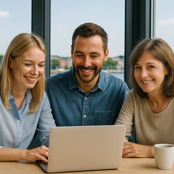 Ki-generiertes Bild zeigt drei Personen, die lächelnd vor einem aufgeklappten Laptop sitzen