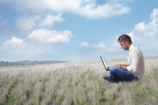 Mann mit Laptop sitzt auf Wiese
