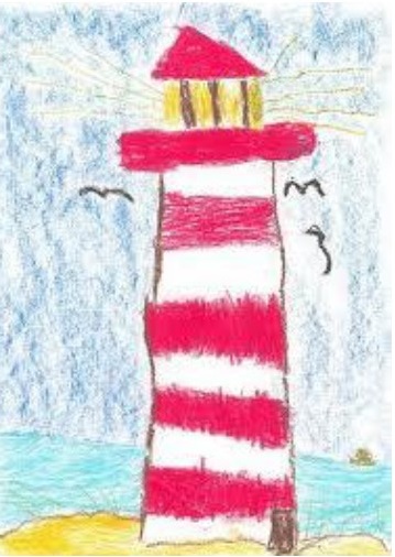 Kinderzeichnung von einem Leuchtturm, der rot-weiß gestreift ist